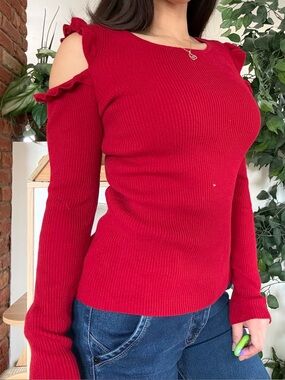 Y2K Cherry Red Cold Shoulder Ruffle Knit Top Coquette